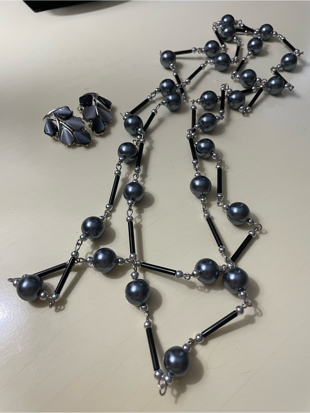 Elegant Grey Bead Long Necklace with Coordinating Clip-On Earrings